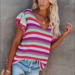 Pink Stripe Ruffle Short Sleeve Top